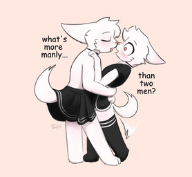 anthro black_bottomwear black_clothing black_eyebrows black_legwear black_shirt black_shorts black_skirt black_text black_thigh_highs black_topwear blush blush_lines bottomwear cheek_tuft choker clothed clothing crossdressing crossdressing_male dolphin_shorts duo eyebrows eyes_closed facial_tuft femboy fur head_tuft hug hugging_another imminent_kiss jewelry legwear looking_at_another male male/male necklace nose_to_nose open_mouth romantic shirt shorts simple_background skirt standing tail tail_motion tailwag text thigh_highs topwear tuft white_body white_fur tblslt 2025 artist_name hi_res signature