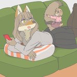 anthro cellphone clothed clothing duo electronics female holding_object holding_phone kemono lying on_front phone pillow size_difference tail tail_hug ekaki510 canid canine canis coyote ground_squirrel mammal prairie_dog rodent sciurid 1:1