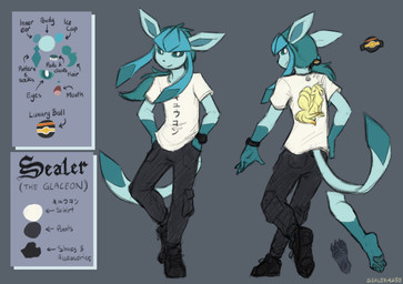 anthro anthrofied biped blue_body blue_fur blue_sclera bottomwear clock clothed clothing footwear front_view fur grey_background hair hand_in_pocket looking_at_viewer looking_back looking_back_at_viewer male pants pawpads pockets pokemorph ponytail rear_view shirt shoes simple_background smile solo tail text topwear watch white_eyes wristwatch sealer4258 nintendo pokemon fan_character sealer_(sealer4258) eeveelution generation_1_pokemon generation_4_pokemon glaceon ninetales pokemon_(species) english_text hi_res model_sheet