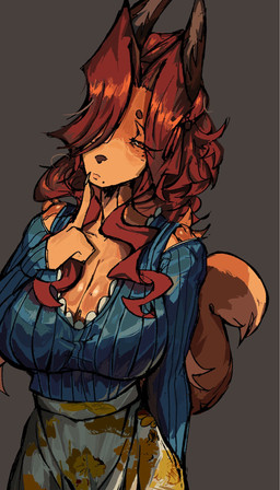 anthro big_breasts bottomwear breasts clothing eye_patch eyewear female fur hair half-closed_eyes medium_hair narrowed_eyes orange_body orange_fur red_hair skirt solo standing tail fetloaf annie_(fetloaf) canid canine fox mammal hi_res