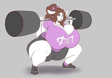 anthro big_breasts breasts clothed clothing crouching exercise female hair huge_breasts hyper hyper_breasts makeup mascara overweight overweight_anthro overweight_female smile solo weightlifting workout boosterpang bovid bovine cattle mammal hi_res