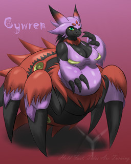 4_legs big_breasts breasts claws female female_taur fur gradient_background looking_at_viewer natural_clothing overweight palmorph pregnant simple_background slightly_chubby solo standing text taketzu_(artist) european_mythology greek_mythology mythology palworld pocketpair cywren_(covenant) arachne arachnid arthropod pal_(species) spider tarantriss taur 4:5 absurd_res english_text hi_res