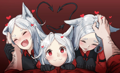 :3 ahoge arm_hair blep blush body_hair clothed clothing collaborative collaborative_gesture collaborative_tail_heart eyes_closed fangs female first_person_view gesture gloves group hair handwear heart_eyes heart_symbol human_pov looking_at_viewer male male/female necktie open_mouth petting pov_hands shirt simple_background spade_tail tail tail_gesture tail_heart teeth tongue tongue_out topwear vest white_body white_hair white_skin ippers helltaker cerberus_(helltaker) protagonist_(helltaker) animal_humanoid canid canid_humanoid canine canine_humanoid demon demon_humanoid dog_humanoid human humanoid mammal mammal_humanoid
