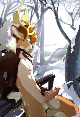 abs anthro antlers balls big_penis biped black_nose blue_eyes bodily_fluids bottomless brown_hair clothed clothing cum cumshot ejaculation erection genital_fluids genitals hair horn humanoid_genitalia humanoid_penis jacket male masturbation muscular muscular_anthro muscular_male nipples open_clothing open_mouth open_shirt open_topwear orgasm outside partially_clothed pecs penile penile_masturbation penis shirt solo topwear vein peritian jegermaistro deer mammal