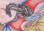 blue_body brown_hair claws duo eye_contact feral hair horn looking_at_another male simple_background wings chickenzaur mythology drakoilex dragon mythological_creature mythological_scalie reptile scalie 2016 traditional_media_(artwork)