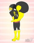 anthro black_body black_fur butt clothed clothing crossdressing fur looking_at_viewer looking_back looking_back_at_viewer male panties panties_down panties_only partially_clothed raised_tail skunk_tail slim solo tail thick_tail topless underwear underwear_down underwear_only yellow_body yellow_fur vallhound spritz_erosphillyra canid canine canis domestic_dog husky hybrid mammal mephitid nordic_sled_dog skunk spitz hi_res