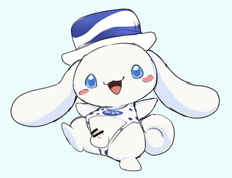 balls blue_eyes blush censor_bar clothing genitals hat headgear headwear ineffective_censorship looking_at_viewer male monotone_background open_mouth open_smile penis simple_background smile solo standing text white_body manmosu_marimo cinnamoroll sanrio cinnamon_(cinnamoroll) 2025 censored japanese_text