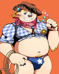 anthro blue_eyes blush bulge clothing cowboy cowboy_hat hat headgear headwear horn humanoid_hands kemono male overweight overweight_anthro overweight_male shirt simple_background solo topwear underwear bearlovestiger13 lifewonders tokyo_afterschool_summoners babe_bunyan_(tas) bovid bovine cattle mammal 2021 hi_res