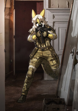 5_fingers anthro biped bottomwear clothed clothed_anthro clothed_female clothing female fingers footwear front_view fully_clothed fully_clothed_anthro fully_clothed_female gloves gun hair handwear holding_gun holding_object holding_ranged_weapon holding_weapon inside ranged_weapon shoes solo tail topwear ump-45 weapon white_hair yellow_body pgm300 unknown_species 2025 absurd_res digital_drawing_(artwork) digital_media_(artwork) hi_res