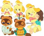 animal_crossing anthro beverage blush canid canine canis clothing container cup domestic_dog female floppy_ears group hi_res hug human isabelle_(animal_crossing) kiirono male mammal nintendo open_mouth open_smile raccoon_dog signature simple_background smile tanuki tom_nook_(animal_crossing) villager_(animal_crossing)