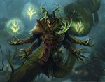 4_arms 4_fingers ambiguous_gender anthro antlers armor building copyright_symbol extended_arm fangs fingers green_body green_magic headgear helmet horn looking_at_viewer magic markings multi_arm multi_limb open_palm plant snake_hood solo spots spotted_body symbol teeth text tongue tongue_out tree white_text yellow_eyes anna_podedworna hasbro magic:_the_gathering wizards_of_the_coast shigeki_jukai_visionary orochi-bito reptile scalie snake 2022 artist_name official_art