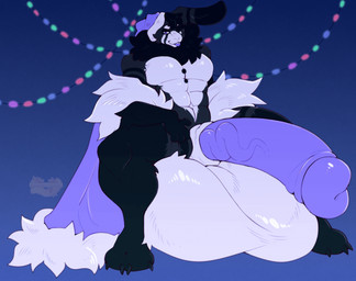 abs anthro balls big_balls big_penis black_body black_fur blue_penis blue_tongue christmas_clothing christmas_headwear claws clothing erection fur garland genitals hat headgear headwear holidays huge_balls huge_penis humanoid_genitalia humanoid_penis hyper hyper_balls hyper_genitalia hyper_penis looking_at_viewer male muscular neck_tuft nude paws penis presenting presenting_balls presenting_penis santa_hat simple_background sitting solo spread_legs spreading tongue tongue_out tuft vein veiny_penis white_body white_fur nuhichpukich christmas lagomorph leporid mammal rabbit hi_res