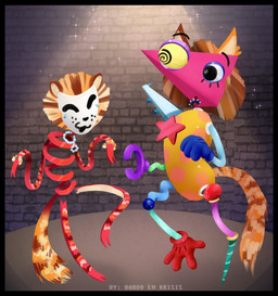black_border border brown_body brown_fur cat_tail clothing costume duo duo_focus fur group mask multicolored_body multicolored_tail rope standing tail yellow_sclera cats_(musical) glitch_productions the_amazing_digital_circus gangle_(tadc) zooble_(tadc) animate_inanimate humanoid living_mask living_toy absurd_res hi_res nonbinary_(lore)