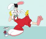 3_toes 4_fingers anthro barefoot big_feet biped blue_background bow_(feature) bow_tie clothed clothing digital_drawing_(artwork) digital_media_(artwork) disney feet fingers footwear fur gloves hair handwear human jewelry lagomorph leporid long_ears male mammal necklace overalls rabbit red_nose roger_rabbit shirt shoes simple_background solo swatcher teeth tf_into_fictional_character toes toony topwear transformation whiskers white_body white_clothing white_fur white_shirt white_topwear who_framed_roger_rabbit