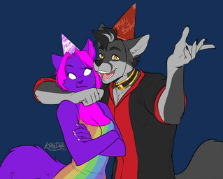 anthro biped breasts claws clothed clothed_anthro clothed_female clothed_male clothing countershade_torso countershading duo female fingers front_view fur hair hat headgear headwear male smile standing tail teeth tongue kittydee canid canine canis mammal mephitid skunk wolf 2026 alpha_channel digital_drawing_(artwork) digital_media_(artwork)