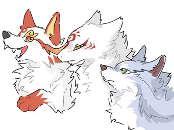 ambiguous_gender blue_body blue_fur fur green_eyes group orange_eyes red_body red_fur toony trio white_body white_fur yellow_eyes unknown_artist campfire_cooking_in_another_world_with_my_absurd_skill kusunoki's_garden_of_gods natsume's_book_of_friends fel_(campfire_cooking) madara_(natsume_yuujinchou) yamagami_(kusunoki's_garden_of_gods) canid canine canis mammal wolf source_request