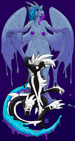 ambiguous_gender anthro assimilation black_goo breasts claws corruption dripping drone dronification duo feet female genitals goo_transformation latex latex_transformation liquid_latex long_tongue nipples simple_background tail toe_claws tongue transformation vulva crystalwhisker gyu.sa-ai'le_drone mythology queen_vinyl_da.i'gyu-kazotetsu aquatic dragon fish goo_creature gooborg living_latex mythological_creature mythological_scalie scalie shark digital_media_(artwork) hi_res
