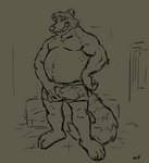 anthro belly big_belly bodily_fluids bulge_fondling genital_fluids leaking_precum male overweight overweight_anthro overweight_male precum smug_face solo tenting conditional_dnp orf ludd mammal procyonid raccoon absurd_res hi_res monochrome