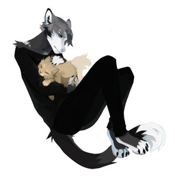 ambiguous_gender anthro black_body black_bottomwear black_clothing black_fur black_pants black_topwear bottomwear clothed clothing duo feral fur grey_body grey_eyes grey_fur grey_hair hair male mouth_closed multicolored_body multicolored_fur pants short_hair simple_background tan_body tan_fur three-quarter_view topwear unsigned white_background white_body white_fur corzh77 felid mammal species_request absurd_res hi_res