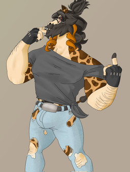 adam's_apple anthro beard belt belt_buckle big_bulge black_belt black_clothing black_jewelry black_topwear blue_bottomwear blue_clothing blue_jeans blue_pants body_hair bottomwear brown_eyes buckle bulge chain cigarette cigarette_in_mouth clothed clothing curly_hair denim denim_bottomwear denim_clothing ear_piercing eye_scar facial_hair facial_piercing facial_scar fingers fur gesture gloves grey_clothing grey_hair grey_shirt grey_topwear hair hand_gesture handwear hooved_fingers hooves jeans jewelry lip_piercing long_beard male markings middle_finger mole_under_eye musclegut muscular muscular_anthro muscular_male mustache nose_jewelry object_in_mouth pants pecs piercing ponytail pubes scar shirt solo spots spotted_body spotted_fur tall tied_shirt tongue topwear torn_bottomwear torn_clothing torn_jeans torn_pants starmoral mora_giraffe_(starmoral) giraffe giraffid mammal hi_res