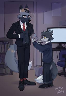 ambiguous_gender anthro black_clothing black_hair black_suit bookshelf chair claws clothing computer dark_room drawing_(action) dress_shoes duo electronics eyewear finger_claws footwear fur furniture glasses grey_body grey_fur hair head_tuft looking_down male necktie office_chair pen_(object) romantic romantic_couple size_difference smile socks standing suit suit_jacket suit_pants suit_vest sweater tail tongue tongue_out topwear translucent tuft whiskers mofu_guys korius mofu_(mofu_guys) canid canine fox mammal hi_res nonbinary_(lore)
