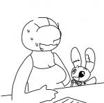 ?_face anon big_breasts bodily_fluids breasts clothed clothing comic female human lagomorph leporid male mammal monochrome mr._bun-bun_(toybox_pals) plushie rabbit slightly_chubby sweat the_weaver toybox_pals