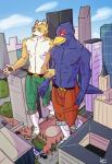 anthro boots building car city clothed clothing duo footwear high-angle_view macro male micro shoes stroll topless vehicle reiker nintendo star_fox falco_lombardi fox_mccloud avian bird canid canine fox mammal hi_res