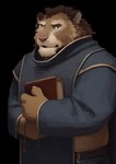 anthro belt blue_eyes book bottomwear clothed clothing crucifix eyewear fur glasses hair holding_book holding_object male overweight overweight_male priest robe solo yellow_body yellow_fur 3000vnd felid feline lion mammal pantherine absurd_res hi_res