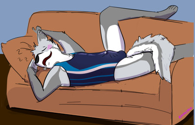 anthro bodily_fluids bulge clothing cum cum_in_clothing cum_in_pants cum_through_clothing cum_through_pants detailed_bulge erection erection_under_clothing furniture genital_fluids genital_outline genitals male penis penis_outline precum sleeping sofa solo swimwear wet wet_clothing wet_dream ravalska canid canine canis mammal wolf hi_res