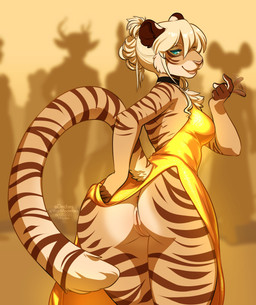 5_fingers anthro anus arm_markings arms_bent back_markings bangs beckoning bedroom_eyes bent_over big_butt biped black_choker black_jewelry black_necklace blonde_eyebrows blonde_hair breasts brown_ears brown_fingers brown_inner_ear brown_markings brown_stripes butt butt_markings butt_pose cheek_markings chest_tuft choker clothed clothed_anthro clothed_female clothing clothing_aside clothing_pull countershade_butt countershade_crotch countershade_face countershade_fingers countershade_hands countershading crowd dipstick_tail dress dress_aside dress_only dress_pull ear_markings eye_markings eyebrow_through_hair eyebrows eyelashes facial_markings female female_anthro fingerless_(marking) fingers fur fur_markings fur_tuft furgonomic_dress furgonomics genitals gesture gesturing_at_viewer glistening glistening_eyes gradient_tail group hair half-closed_eyes head_markings hip_markings humanoid_genitalia humanoid_hands humanoid_vulva innie_vulva inviting inviting_to_sex inviting_viewer jewelry leg_markings long_tail looking_at_viewer looking_back looking_back_at_viewer markings medium_breasts monotone_clothing monotone_dress monotone_hair motion_lines multicolored_body multicolored_fur narrowed_eyes necklace no_underwear open_mouth open_smile pink_anus pink_nose pose presenting presenting_hindquarters presenting_vulva raised_tail rear_view seductive shoulder_markings simple_background smile smiling_at_viewer snout solo_focus striped_body striped_fur striped_markings striped_tail stripes tail tail_clothing tail_markings tan_background tan_body tan_fur tan_tail tan_text teal_eyes text thigh_markings tied_hair translucent translucent_hair tuft two_tone_fingers vulva white_body white_countershading white_fingers white_fur white_markings white_sclera white_tail_tip white_tuft yellow_clothing yellow_dress kittydee savannah_(opaque_shadow) felid mammal pantherine tiger 2021 absurd_res artist_name dated digital_media_(artwork) hi_res pinup portrait shaded three-quarter_portrait