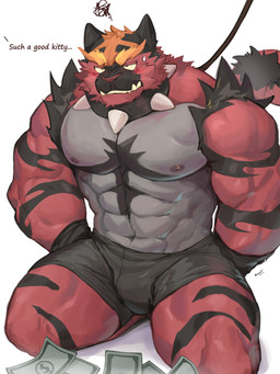 abs anthro armwear banknote biceps big_muscles biped black_armwear black_body black_bottomwear black_clothing black_ears black_fur black_inner_ear black_inner_ear_fluff black_shorts black_stripes blush blush_lines bottomwear clenched_teeth clothed clothed_anthro clothed_male clothing collar countershade_torso countershading deltoids dialogue dot_pupils emanata eyebrows flustered front_view frustration_cloud fur grey_body grey_countershading huge_muscles inner_ear_fluff kneeling leash looking_at_viewer male markings money monotone_bottomwear monotone_clothing monotone_shorts mouth_closed multicolored_body multicolored_fur muscular muscular_anthro muscular_male narrowed_eyes nipples offscreen_character orange_body orange_eyebrows orange_fur pecs red_body red_fur shorts shorts_only simple_background snout solo spiked_collar spikes striped_arms striped_legs striped_markings striped_tail stripes sweatdrop_(iconography) tail tail_markings talking_to_another tan_sclera tan_teeth teeth text thick_eyebrows topless topless_anthro topless_male trapezius tuft whiskers white_background kuromonsart nintendo pokemon generation_7_pokemon incineroar pokemon_(species) 2025 3:4 absurd_res artist_name colored dated digital_drawing_(artwork) digital_media_(artwork) english_text hi_res portrait three-quarter_portrait