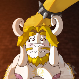 ambiguous_gender anthro beard big_moobs blush body_hair bracelet chest_hair clothed clothing curled_horn disembodied_hand duo facial_hair headpat horn jewelry male male/ambiguous male_anthro moobs mostly_offscreen_character solo_focus spiked_bracelet spikes topless topless_anthro topless_male nuknuks mario_bros nintendo undertale_(series) asgore_dreemurr bowser bovid caprine goat mammal reptile scalie turtle 1:1 hi_res male_(lore)