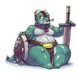 anthro bone broken_horn clothed clothing collar green_body green_scales horn male melee_weapon object_in_mouth overweight overweight_anthro overweight_male red_eyes scales shield simple_background sitting solo sword topless weapon white_background vdisco thud_(vdisco) kobold scalie 2019 hi_res