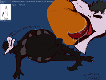 abdominal_bulge anthro bodily_fluids comment devouring digestion drooling food fruit plant pumpkin saliva saliva_string solo struggling text tongue tongue_out vore comrade_grigory mythology dragon mythological_creature mythological_scalie scalie 4:3 absurd_res english_text hi_res