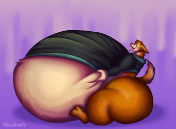 3_toes 4_fingers anthro belly belly_grab big_belly big_butt black_nose bottomless brown_body brown_claws brown_fur butt claws clothed clothing feet fingers fur huge_belly huge_butt hyper hyper_belly hyper_inflation inflation looking_pleasured multicolored_body multicolored_fur open_mouth pink_tongue shirt sitting solo tail toes tongue tongue_out topwear topwear_only akushark canid canine mammal hi_res shaded