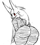 anthro big_butt black_sclera butt cheek_tuft facial_markings facial_tuft female head_markings looking_at_viewer looking_back looking_back_at_viewer markings rear_view red_eyes simple_background smile solo striped_body stripes thick_thighs tuft white_background wide_hips scared_bum kon_(scared_bum) ghost sleep_paralysis_demon spirit