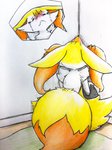 2020 3:4 ambiguous_gender anthro biped black_body black_fur blush bodily_fluids braixen canid canine cheek_tuft chest_tuft corner crying digitigrade dipstick_tail ears_down eiroru facial_tuft facing_wall fur generation_6_pokemon hi_res inner_ear_fluff kneeling looking_away mammal markings multicolored_body multicolored_fur multicolored_tail nintendo pivoted_ears pokemon pokemon_(species) red_body red_eyes red_fur red_nose sad simple_background solo tail tail_markings tears traditional_media_(artwork) tuft two_tone_tail white_body white_fur yellow_background yellow_body yellow_fur