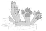 2022 4_toes alarm_clock anthro arms_above_head bed big_feet big_toes canid canine canis claws clock feet foot_focus furniture huge_feet male mammal monochrome motion_lines muscular muscular_male nude open_mouth pawpads paws simple_background solo stretching toe_claws toe_tuft toes toony vexyvoo wolf yawn