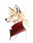 ambiguous_gender anthro black_nose brown_body brown_fur cheek_tuft clothing coat facial_tuft fur hair head_tuft inner_ear_fluff looking_at_viewer ponytail red_clothing red_coat red_topwear side_view simple_background snout solo topwear tuft whiskers white_background white_body white_fur skia canid canine fox mammal red_fox true_fox male_(lore)