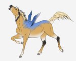 4_legs ambiguous_gender blonde_hair blonde_mane blue_body blue_feathers feathers feral fur hair hooves mane open_mouth raised_head raised_tail simple_background solo tail tan_body tan_fur transformation walking white_background wings noki001 equid equine horse hybrid mammal hi_res