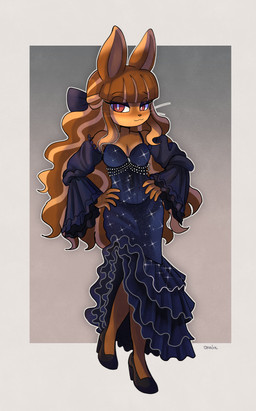 accessory anthro bow_ribbon breasts clothing dress female footwear hair hair_accessory hair_bow hair_ribbon hand_on_hip high_heels looking_at_viewer ribbons shoes solo okaliz conchita_(okaliz) lagomorph leporid mammal rabbit absurd_res hi_res