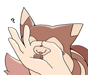 ambiguous_gender blep blush blush_lines brown_body brown_fur covering covering_face disembodied_hand duo feral food fur gesture hand_gesture highlights_(coloring) holding_object kemono ok_sign one_ear_up pivoted_ears question_mark simple_background tail tan_body tan_fur tongue tongue_out tuft white_background ke_mo_suke nintendo pokemon furret generation_2_pokemon human mammal pokemon_(species) 2025 digital_media_(artwork) hi_res shaded simple_shading