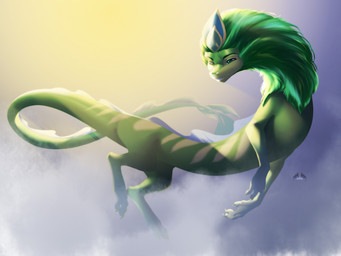 anthro claws closed_smile cloud feral flying fog fur green_body green_eyes green_fur horn levitating male mane mouth_closed pupils slit_pupils smile solo stripes tail teeth stc3000 asian_mythology disney east_asian_mythology mythology raya_and_the_last_dragon pengu_(ratld) aquatic aquatic_dragon dragon eastern_dragon mythological_creature mythological_scalie scalie 4:3
