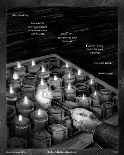3_fingers ambiguous_gender anthro border candle dialogue fingers fire holding_object holding_stick solo stick text sharkinthepark 2026 4:5 absurd_res comic english_text handwritten_text hi_res monochrome