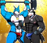 abs anthro biceps black_body black_fur blue_body blue_fur clothing dumbbell duo exercise fur male medal muscular nipples pecs underwear weightlifting weights white_body white_fur workout bearlovestiger13 power_rangers power_rangers_spd super_sentai tokusou_sentai_dekaranger doggie_kruger nitobe canid canine canis domestic_dog mammal digital_media_(artwork)