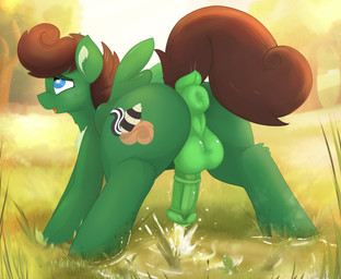 animal_genitalia animal_penis anus aroused balls blue_eyes bodily_fluids brown_hair brown_mane brown_tail butt cutie_mark equine_anus equine_genitalia equine_penis erection feral fluffy fluffy_chest fur genital_fluids genitals grass green_anus green_balls green_body green_fur green_penis hair hooves male male_feral mane nature nature_background outside peegasm peeing peeing_on_ground peeing_while_erect penis plant puffy_anus raccoon_tail raised_tail relieved skunk_tail solo spread_legs spreading squirrel_tail story_included tail tail_anus tree tree_trunk urine urine_on_ground urine_on_leg urine_on_own_legs urine_on_self urine_pool urine_pooling urine_splash urine_splatter urine_stream watering watersports wings not_texmex hasbro my_little_pony mythology fan_character pine_thunderoak equid equine horse mammal mythological_creature mythological_equine pegasus pony colored digital_media_(artwork) hi_res story story_in_description