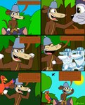 anthro dialogue forest group jungle male male/male plant text tree alexeigribanov cuphead_(game) werner_werman avian bird domestic_cat felid feline felis ghost mammal murid murine parrot rat rodent spirit comic english_text hi_res