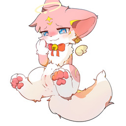 anus bow_accessory female feral front_view fur genitals halo humanoid_genitalia humanoid_genitalia_on_feral humanoid_vulva kemono pawpads paws pink_body pink_fur simple_background smile solo vulva white_background white_body white_fur neisawa canid canine fox mammal 1:1 hi_res