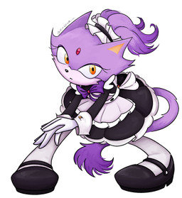 accessory anthro black_clothing black_footwear black_nose black_shoes clothing female footwear forehead_gem gem gloves hair hair_accessory hairband hand_on_leg hand_on_own_leg handwear legwear looking_at_viewer maid_uniform orange_eyes purple_body purple_bow purple_ears purple_hair purple_tail red_gem shoes simple_background solo tail tan_inner_ear text uniform white_background white_clothing white_gloves white_hairband white_handwear white_legwear kospaa sega sonic_the_hedgehog_(series) blaze_the_cat domestic_cat felid feline felis mammal 2026 artist_name colored digital_media_(artwork) hi_res shaded