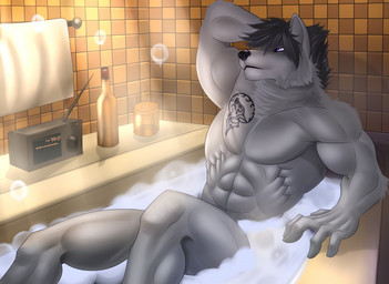 abs anthro bath bathing biceps bottle bubble casual_nudity chest_tuft container electronics hand_behind_head male muscular muscular_anthro muscular_male navel nude pecs radio soap solo tattoo towel tuft water marsel-defender canid canine canis mammal wolf 2017